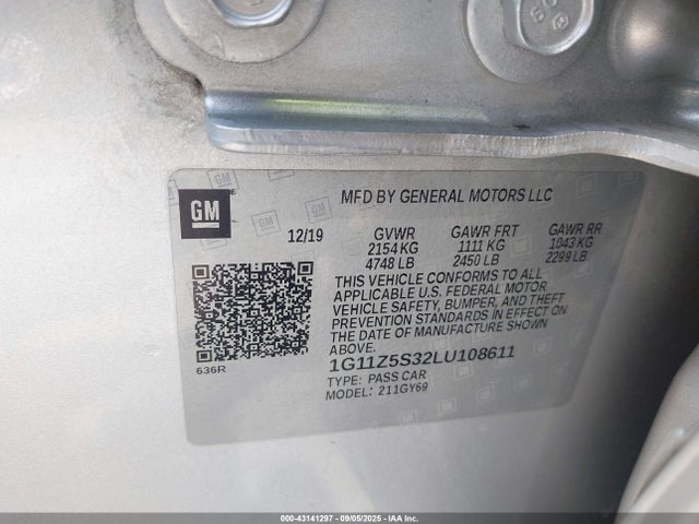 43141297 :رقم المزاد ، 1G11Z5S32LU108611 vin ، 2020 Chevrolet Impala Fwd Lt مزاد بيع