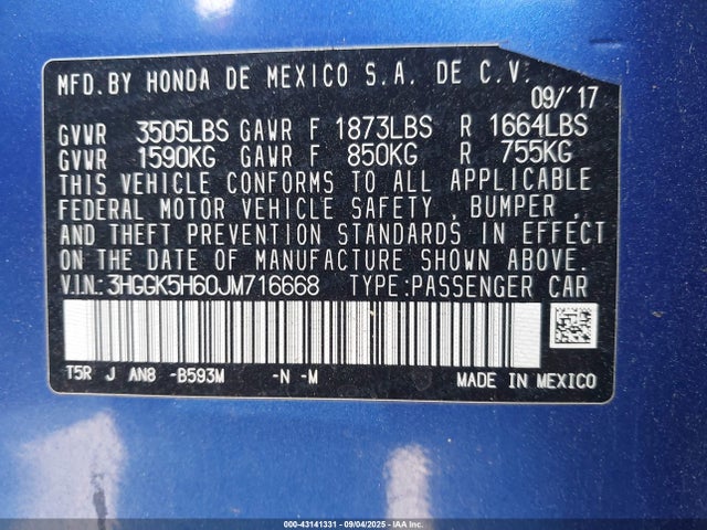 3HGGK5H60JM716668 Honda l15b1