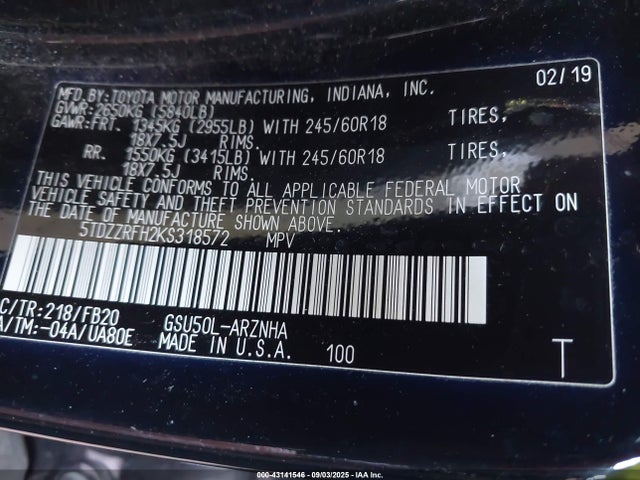 5TDZZRFH2KS318572 Toyota 2gr-fks
