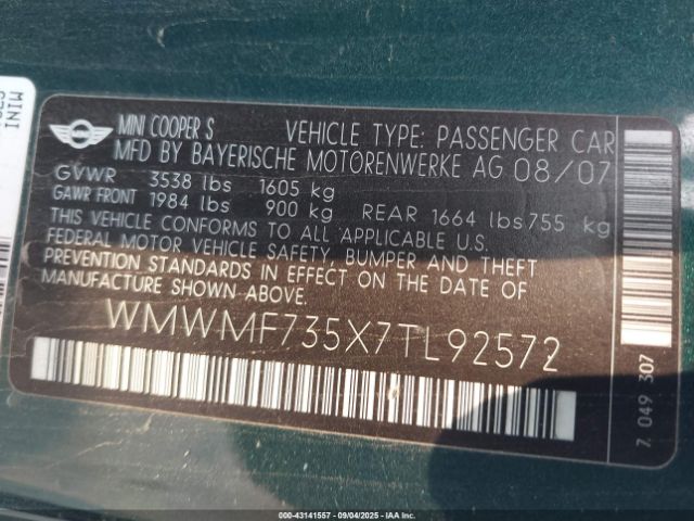 2007 MINI COOPER S WMWMF735X7TL92572 Photo 8