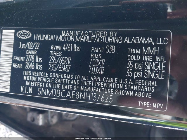 5NMJBCAE8NH137625 Hyundai gdi theta iii