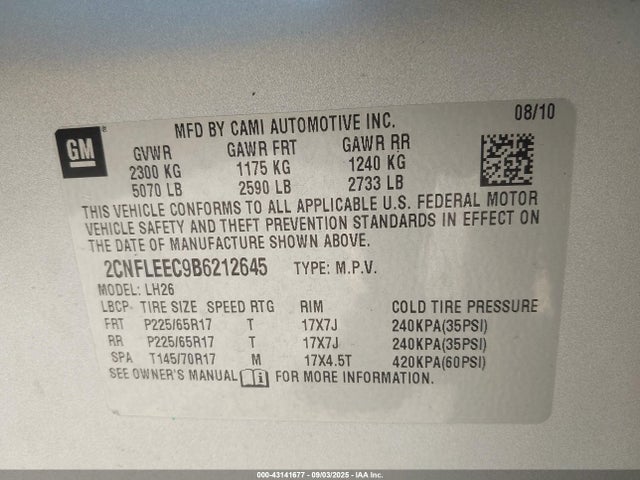 2011 Chevrolet Equinox 1lt მანქანა იყიდება აუქციონზე, vin: 2CNFLEEC9B6212645, აუქციონის ნომერი: 43141677