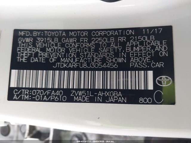 JTDKARFU8J3054456 Toyota 2zr-fxe,1nm