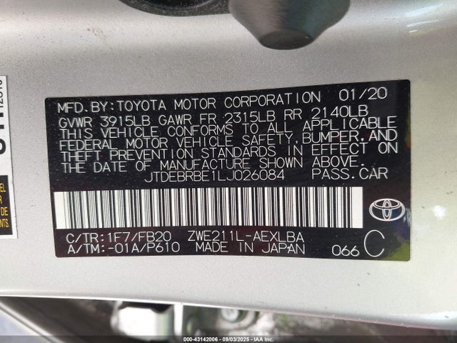 JTDEBRBE1LJ026084 Toyota 2zr-fxe, 1nm