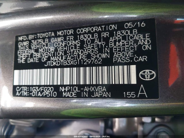 JTDKDTB3XG1129762 Toyota 1nz-fxe+1lm