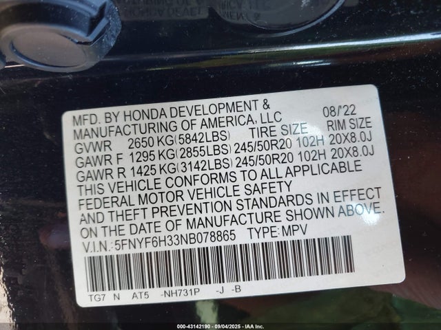 Honda j35y6 2022 5FNYF6H33NB078865 Image 9