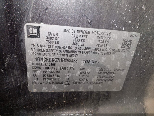 1GNSKGKC7HR293428 Chevrolet l83 - sidi: spark ignited direct injection, vvt: variable valve timing, afm, e85 max, alum