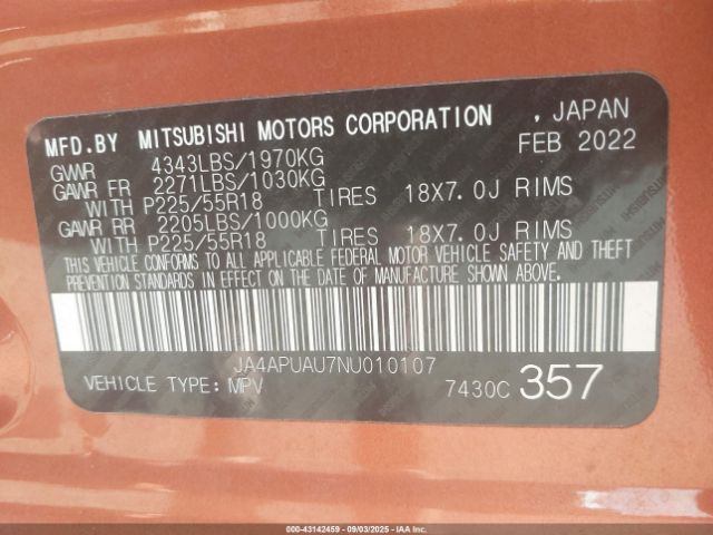 2022 MITSUBISHI OUTLANDER SPORT JA4APUAU7NU010107 Photo 8