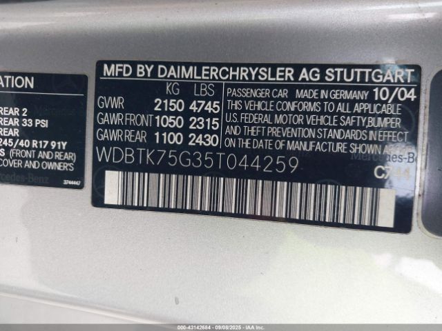 2005 MERCEDES-BENZ CLK 500 WDBTK75G35T044259 Photo 8