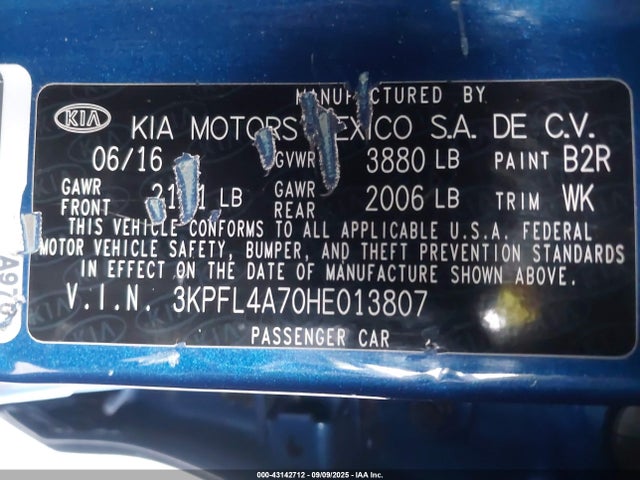 3KPFL4A70HE013807 KIA mpi nu