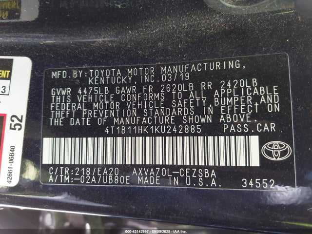 4T1B11HK1KU242885 Toyota a25a-fks