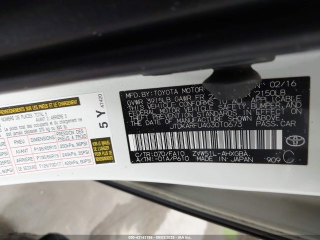 JTDKARFU4G3010673 Toyota 2zr-fxe,1nm