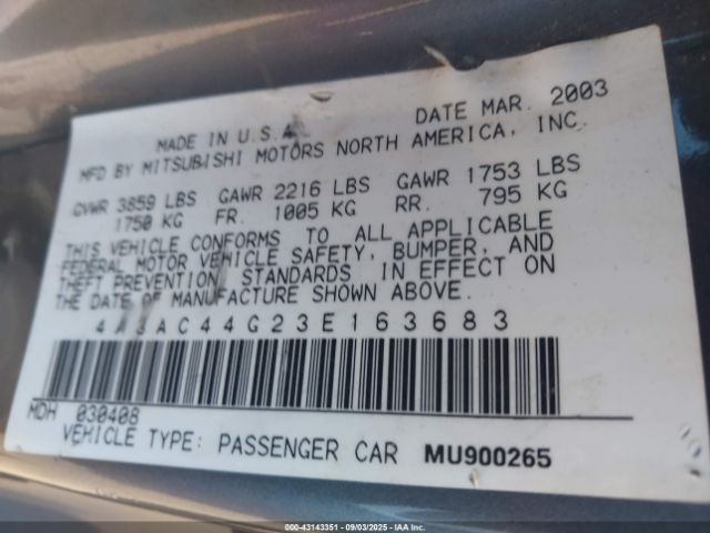 2003 MITSUBISHI ECLIPSE 4A3AC44G23E163683 Photo 8