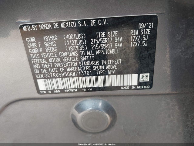 Продажа на аукционе авто 2022 Honda Hr-v 2wd Ex, vin: 3CZRU5H50NM713701, номер лота: 43143532