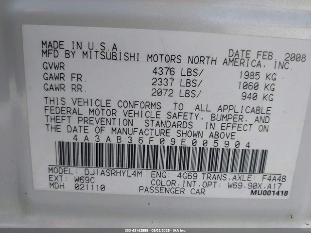 2009 MITSUBISHI GALANT 4A3AB36F09E005904 Photo 8