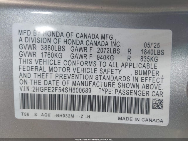 Honda k20c9 2025 2HGFE2F54SH600689 Image 9