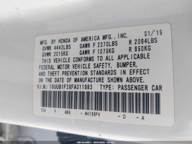 Acura k24w7 2015 19UUB1F3XFA011983 Image 9