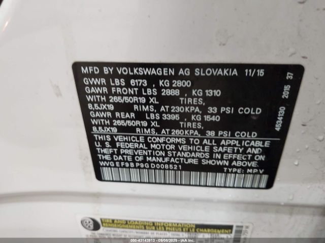 2016 VOLKSWAGEN TOUAREG WVGEF9BP9GD008521 Photo 8