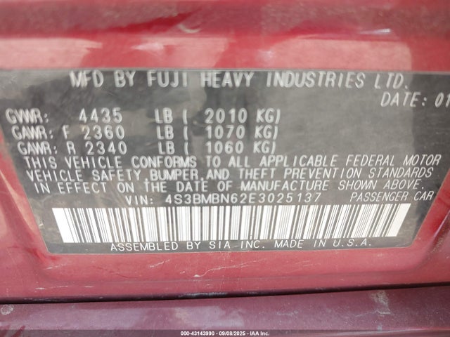 Subaru 2.5na u5 2014 4S3BMBN62E3025137 Image 9