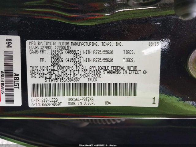 5TFAY5F15GX504507 Toyota 3ur-fe
