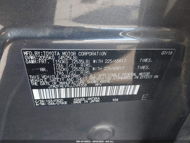 JTMZFREV9JJ749308 Toyota 2ar-fe