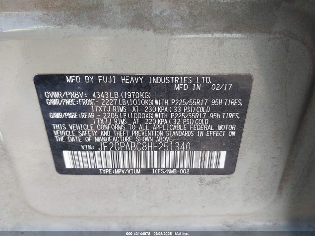 Subaru naturally aspirated 2017 JF2GPABC8HH251340 Image 9