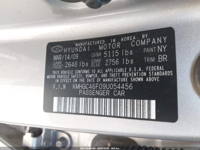 2009 Hyundai Genesis 4.6 მანქანა იყიდება აუქციონზე, vin: KMHGC46F09U054456, აუქციონის ნომერი: 43144104