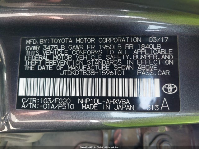 JTDKDTB38H1596101 Toyota 1nz-fxe+1lm