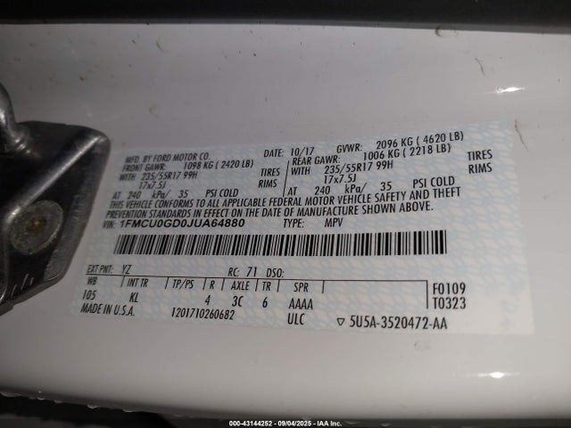 1FMCU0GD0JUA64880 Ford 1.5l gtdi sigma w/premium fuel