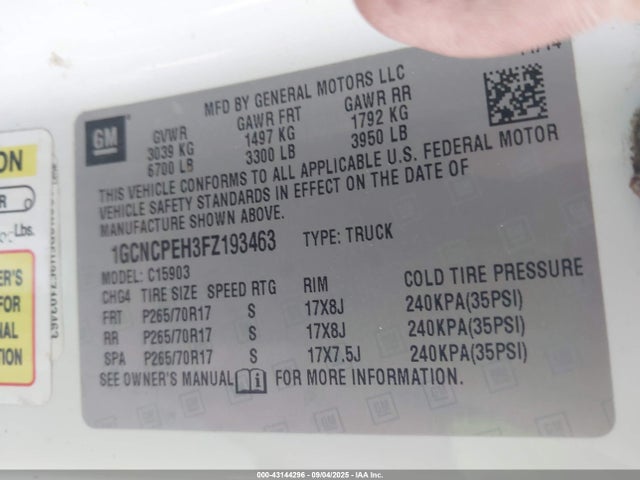 1GCNCPEH3FZ193463 Chevrolet lv3 - vvt, aluminum, e85 max