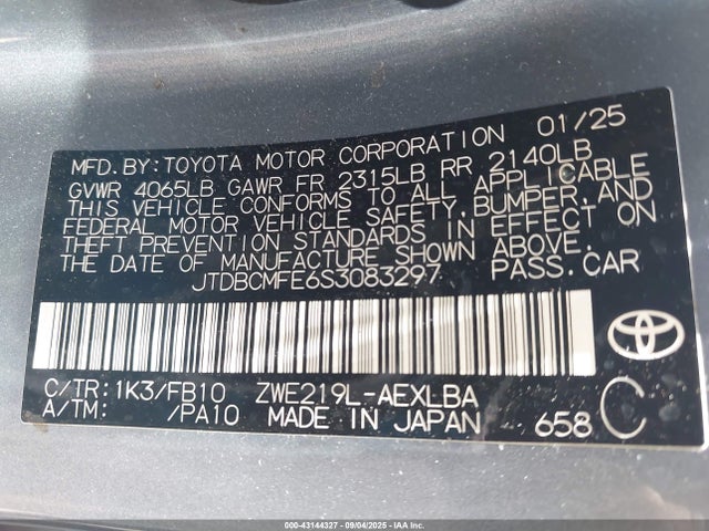 JTDBCMFE6S3083297 Toyota 2zr-fxe