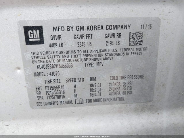 KL4CJESB2HB056053 Buick luv mfi, vvt: variable valve timing, alum, e85 max