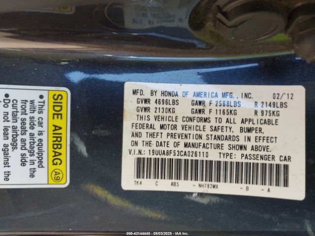 2012 ACURA TL 19UUA8F53CA026110 Photo 8