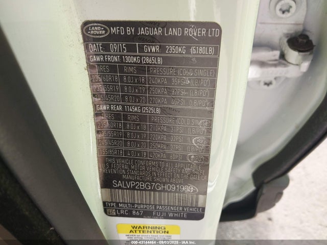 SALVP2BG7GH091960 Land Rover gtdi lev3 sulev30