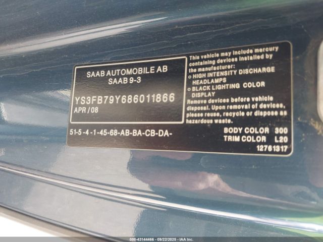 2008 SAAB 9-3 YS3FB79Y686011866 Photo 8