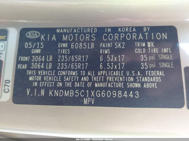 KNDMB5C1XG6098443 KIA dohc gdi lambda ii