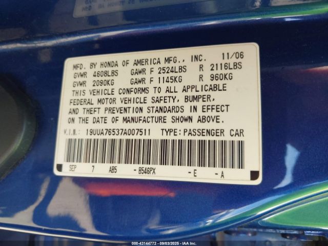 2007 ACURA TL 19UUA76537A007511 Photo 8