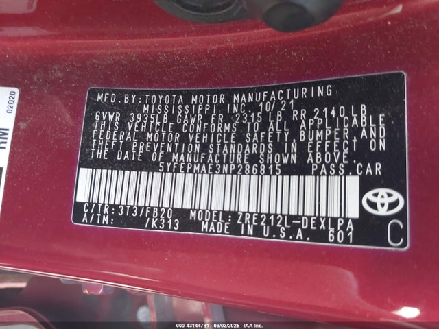 5YFEPMAE3NP286815 Toyota 2zr-fae