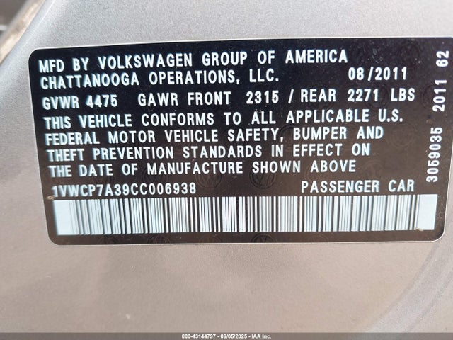 43144797 :رقم المزاد ، 1VWCP7A39CC006938 vin ، 2012 Volkswagen Passat 2.5l Sel Premium مزاد بيع