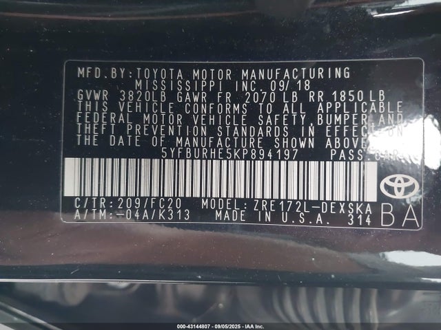 5YFBURHE5KP894197 Toyota 2zr-fe