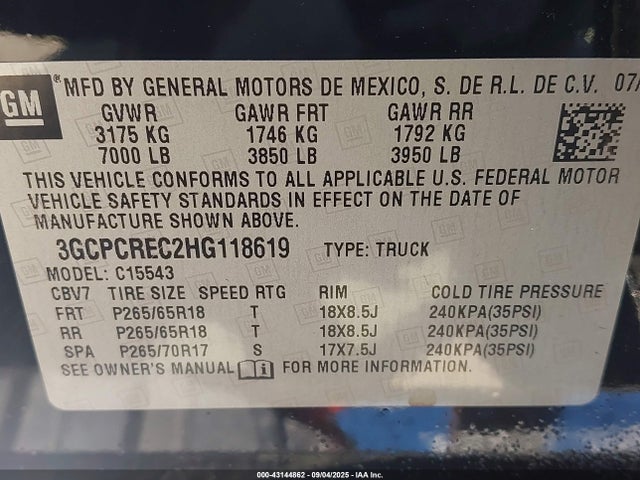 3GCPCREC2HG118619 Chevrolet l83 - sidi: spark ignited direct injection, vvt: variable valve timing, afm, e85 max, alum