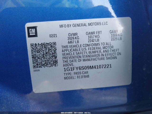 1G1FY6S09M4107221 Chevrolet 2021