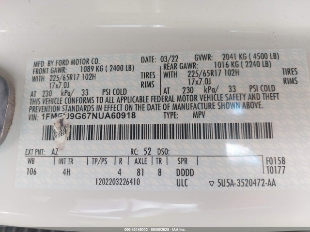 1FMCU9G67NUA60918 Ford dragon di tc