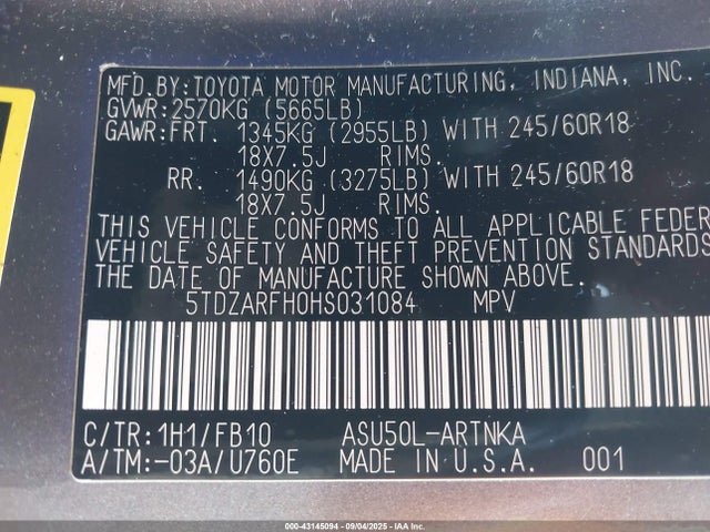 5TDZARFH0HS031084 Toyota 1ar-fe