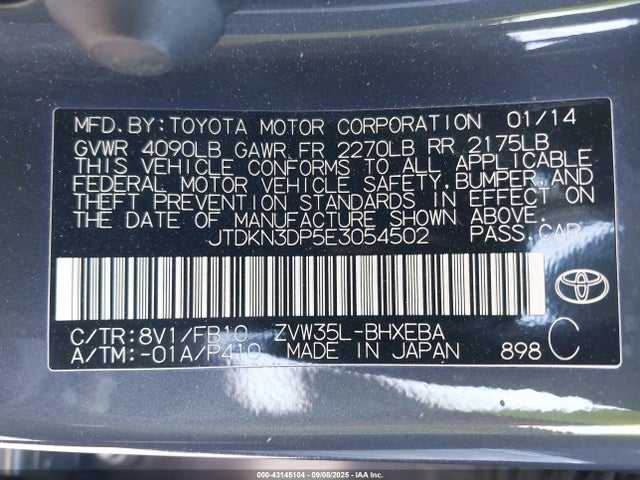 Toyota 2zr-fxe+3jm 2014 JTDKN3DP5E3054502 Image 9