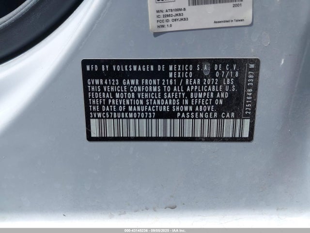3VWC57BU8KM070737 Volkswagen 1.4 tsi