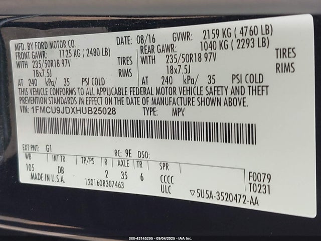 1FMCU9JDXHUB25028 Ford gtdi sigma w/premium fuel