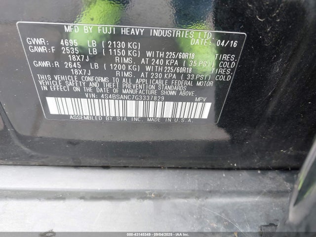 4S4BSANC7G3337829 Subaru 2.5l u5