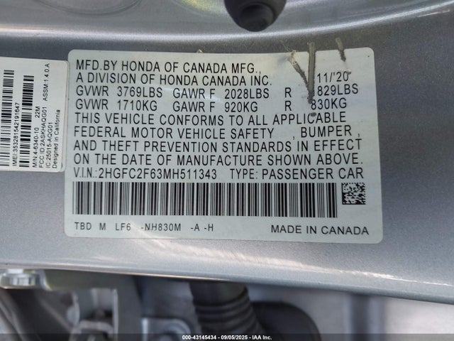 Honda k20c2 2021 2HGFC2F63MH511343 Image 9