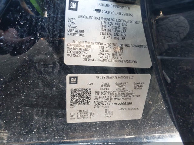 1GCRYCEF9LZ206156 Chevrolet l82 - di, afm, alum, gen 5, var 1